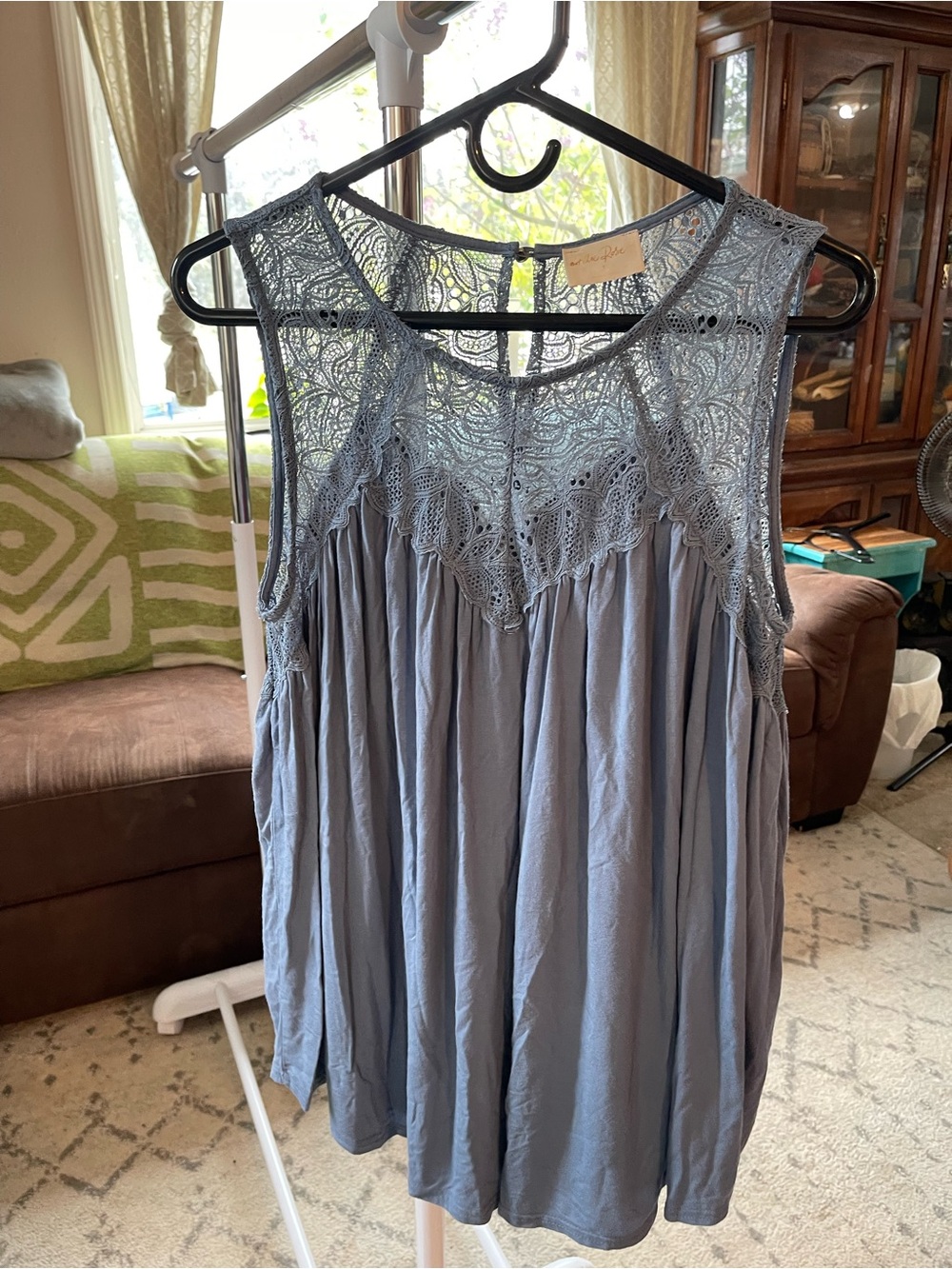 Women's Lace Yoke Sleeveless Top - Dusty Blue